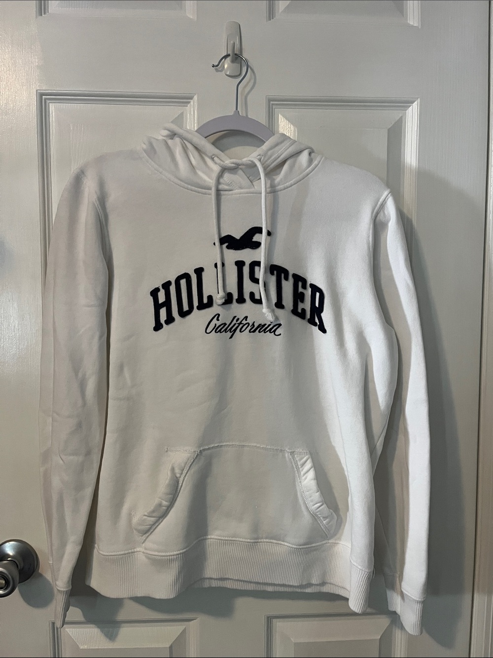 Hollister White Crewneck Hoodie with Navy Logo